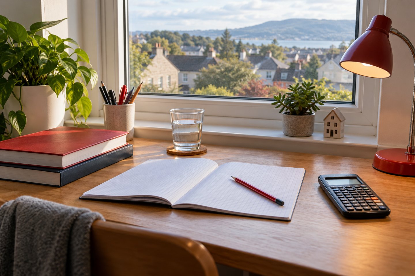 A tidy home study desk with a maths notebook, calculator, pencils and water beside a window.
