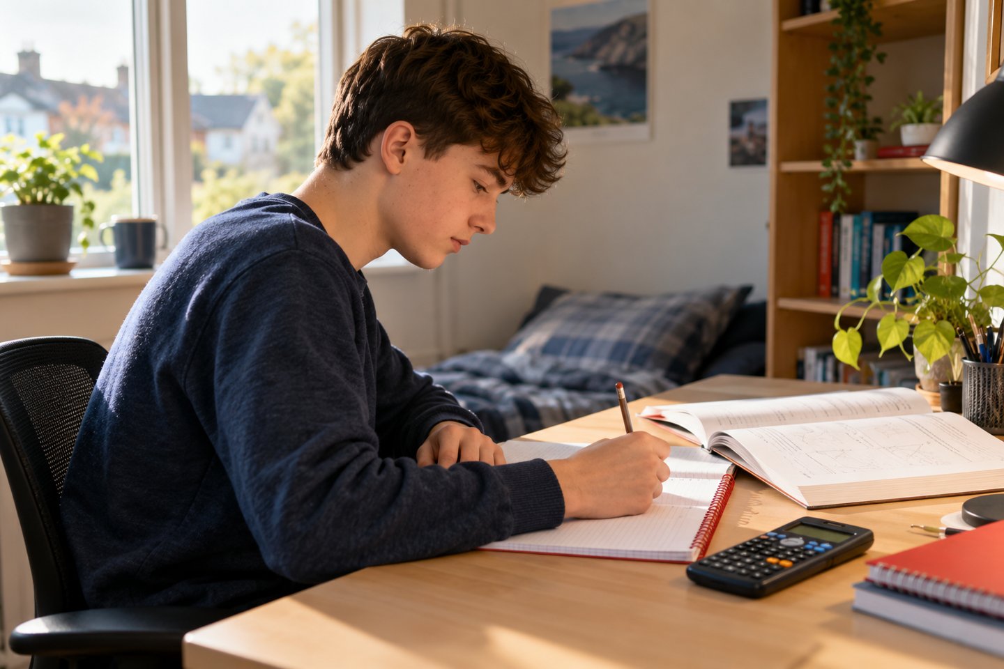 A secondary school student practising maths with a notebook and scientific calculator at a home desk.